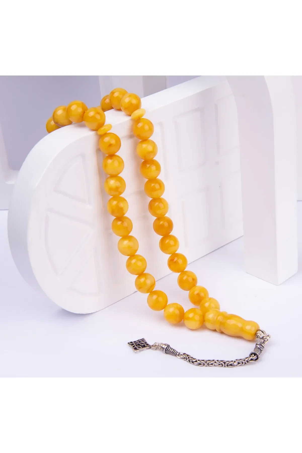  - Gümüş Püsküllü Küre Kesim Pres Damla Kehribar Tesbih