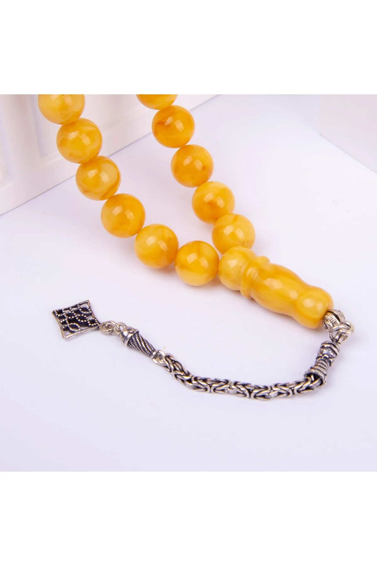  - Gümüş Püsküllü Küre Kesim Pres Damla Kehribar Tesbih