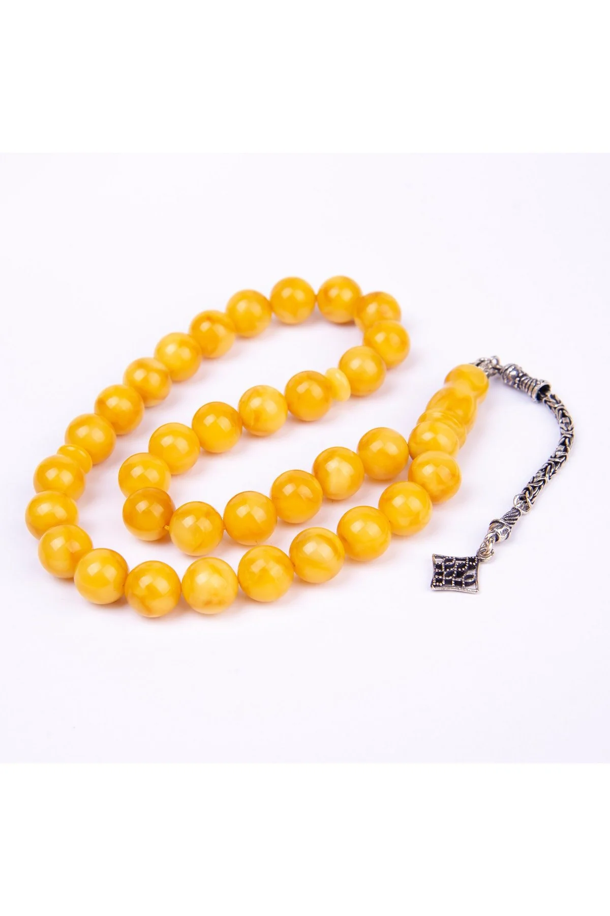  - Gümüş Püsküllü Küre Kesim Pres Damla Kehribar Tesbih (1)