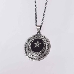Kelime-i Tevhid Ay Yıldız İşlemeli Madalyon Model 925 Ayar Gümüş Kolye Z1795 - Thumbnail