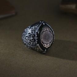 Oval Gravür Motifli İnşirah Suresi Model 925 Ayar Gümüş Erkek Yüzük - Thumbnail