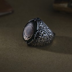 Oval Gravür Motifli İnşirah Suresi Model 925 Ayar Gümüş Erkek Yüzük - Thumbnail