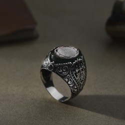 Oval Gravür Motifli İnşirah Suresi Model 925 Ayar Gümüş Erkek Yüzük - Thumbnail