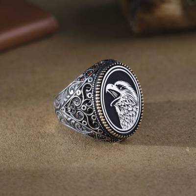 Oval Gravür Motifli Kartal Modeli Gümüş Erkek Yüzük