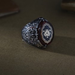 Oval Gravür Motifli Teşkilat Model 925 Ayar Gümüş Erkek Yüzük - Thumbnail