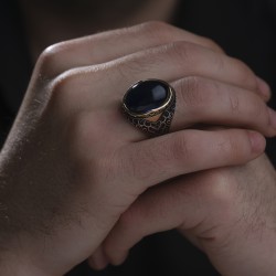 Oval Kabartma Motifli Lacivert 925 Ayar Gümüş Erkek Yüzük - Thumbnail