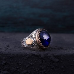 Mavi Zirkon Taşlı Gümüş Erkek Yüzük Z1150 - Thumbnail