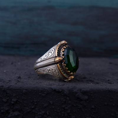 Minare Model Yeşil Zirkon Taşlı Gümüş Erkek Yüzük
