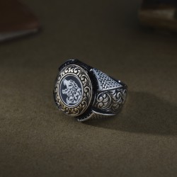 Yuvarlak Gravür Kaplan Model 925 Ayar Gümüş Erkek Yüzük - Thumbnail